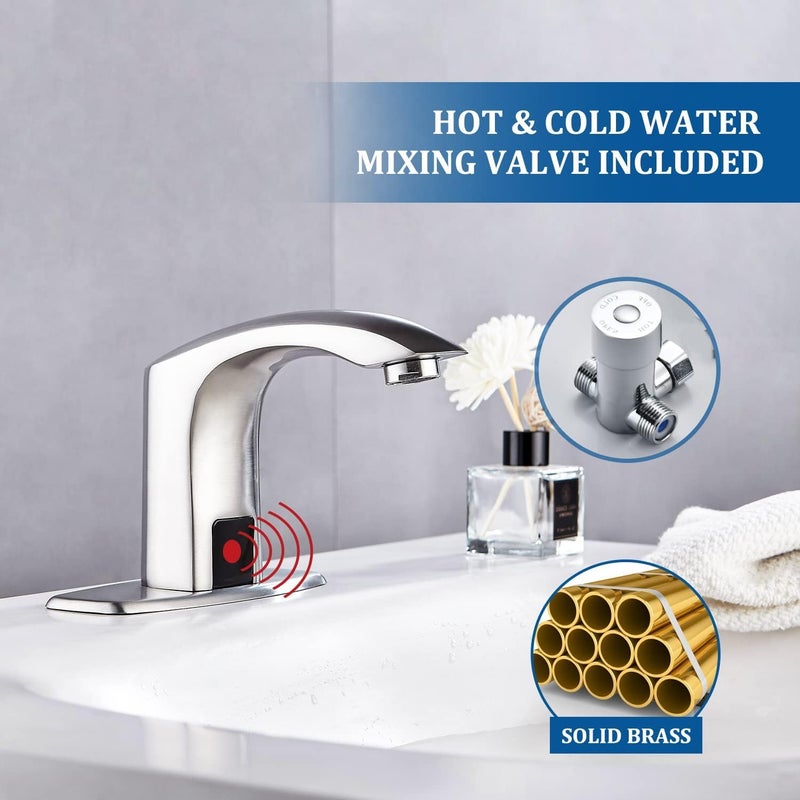 Luxice Sensor Automatic Touchless Bathroom Sink Faucet Hot & Cold Mixer Cover Plate Included Faucet, Brushed Nickel - Image 2